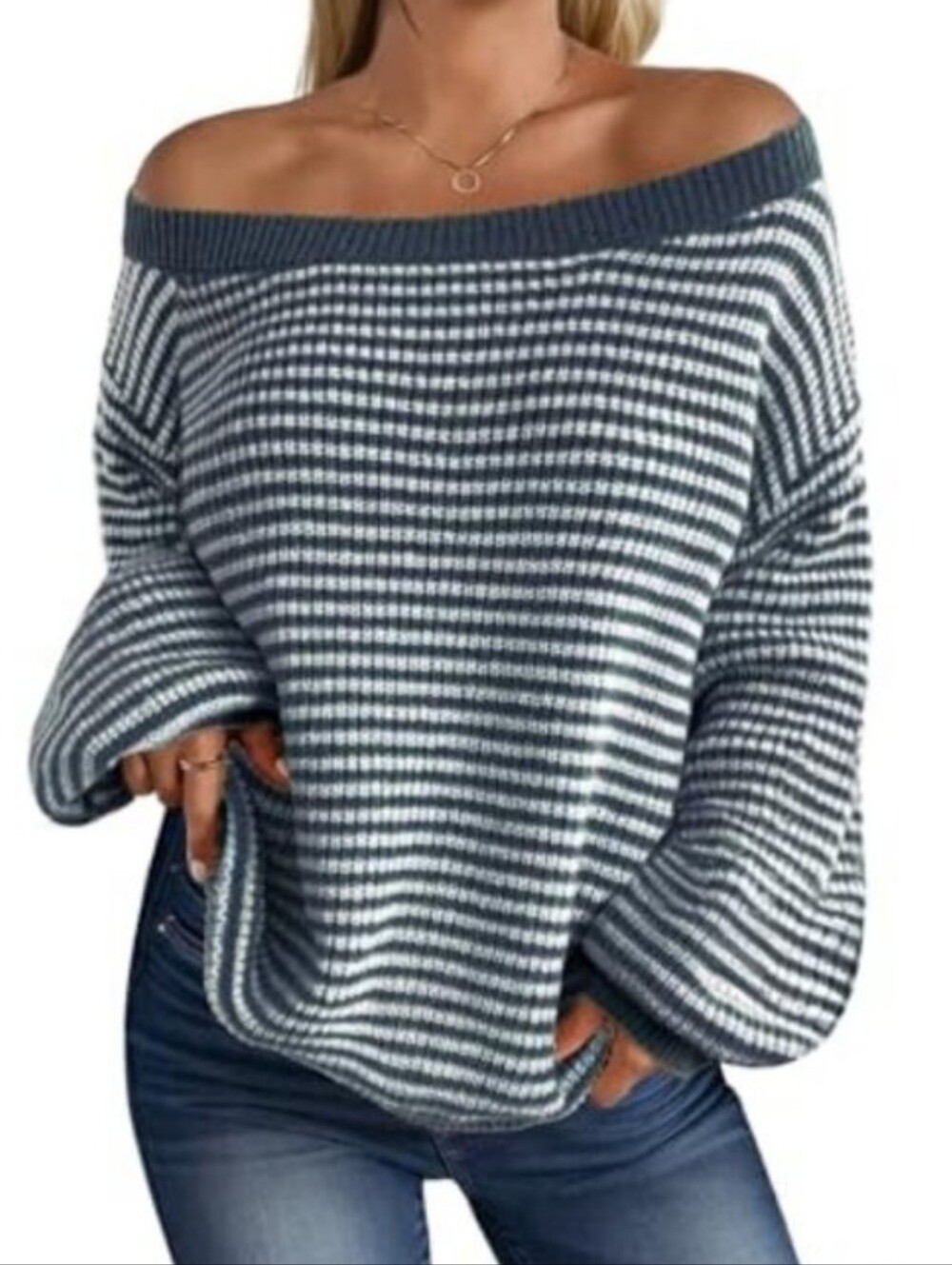 Emery Rose Striped Off-the-Shoulder Blue & White Sweater